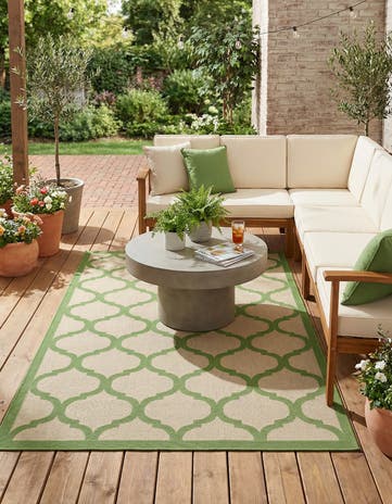 Beige and Green Easy-Clean Lattice Indoor / Outdoor Rug