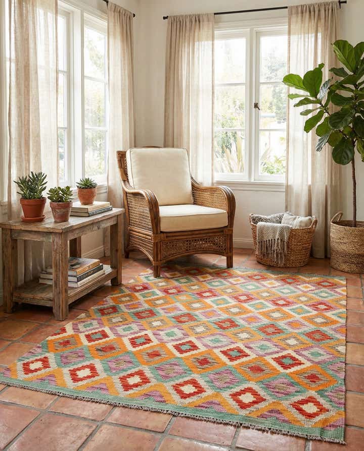 4' 4 x 5' 8 Hand Woven Kilim Maymana Wool Rug