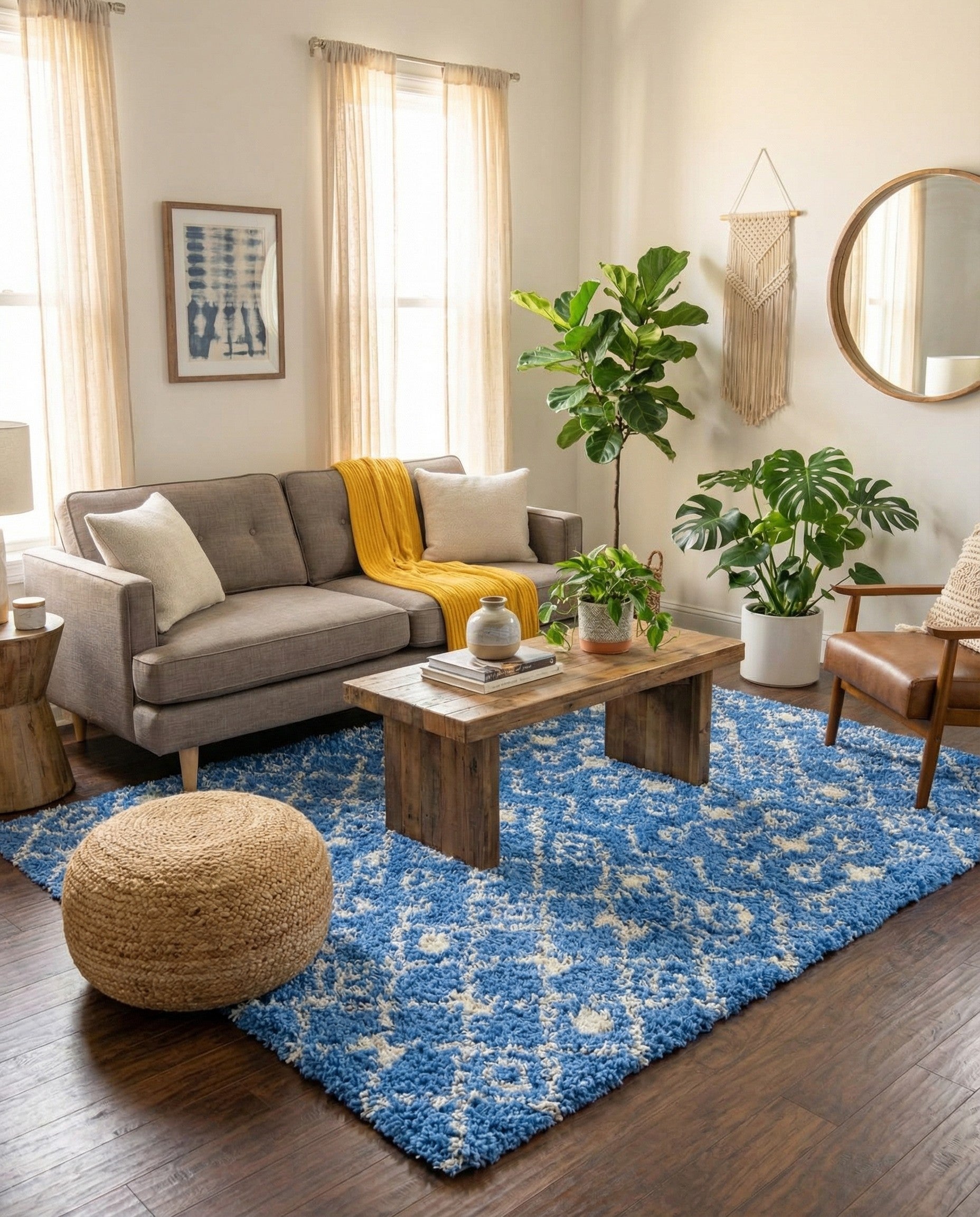 A 9x12 rectangular blue shag rug with a white tribal geometric pattern, featuring diamonds and linked shapes.