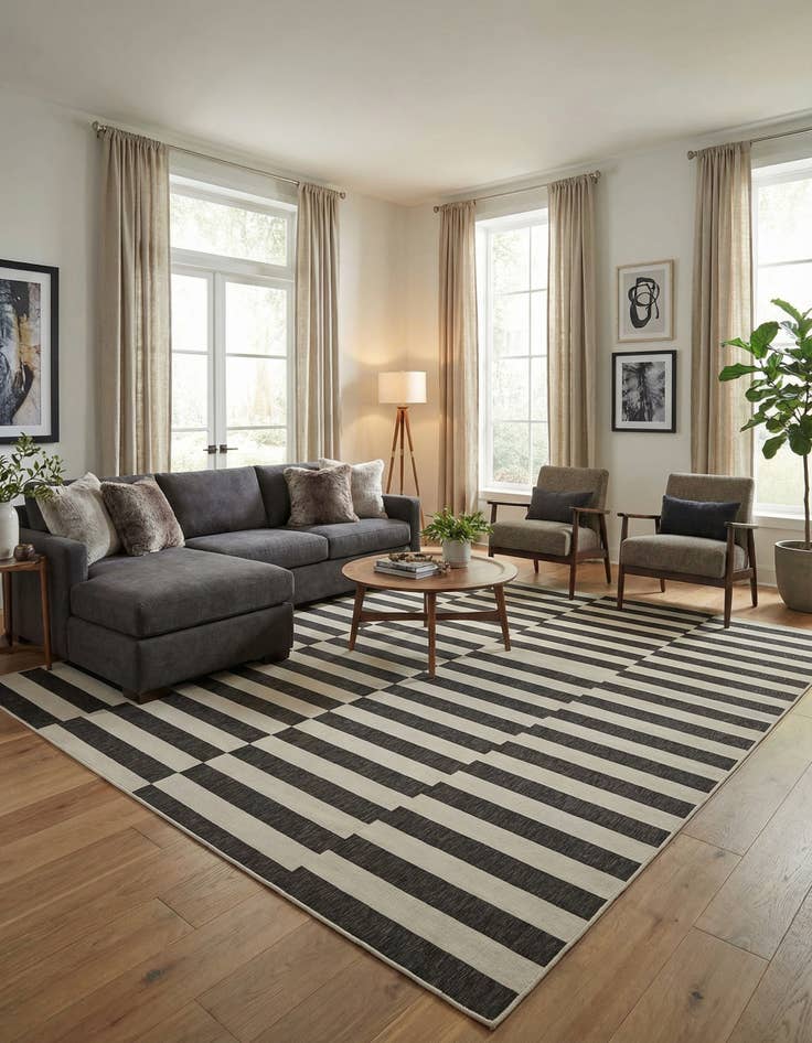 Detail image of 13' x 13' Easy-Clean Striped Indoor / Outdoor Square Rug