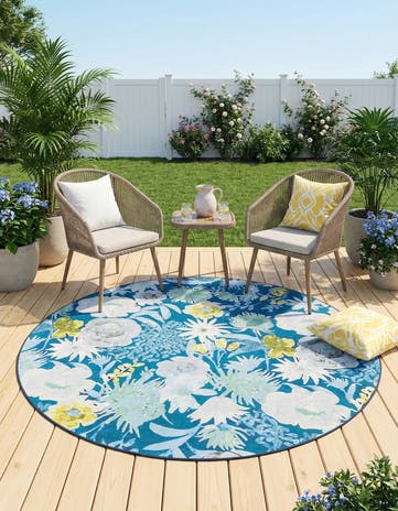 Navy Blue Easy-Clean Jill Zarin Caribbean Indoor / Outdoor Round Rug