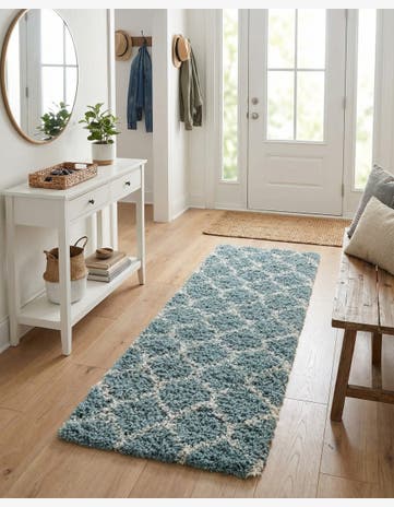 Light Blue Lattice Shag Runner Rug