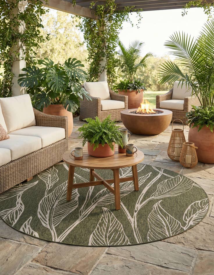 Detail image of 12' x 12'  Washable Botanical Indoor / Outdoor Round Rug
