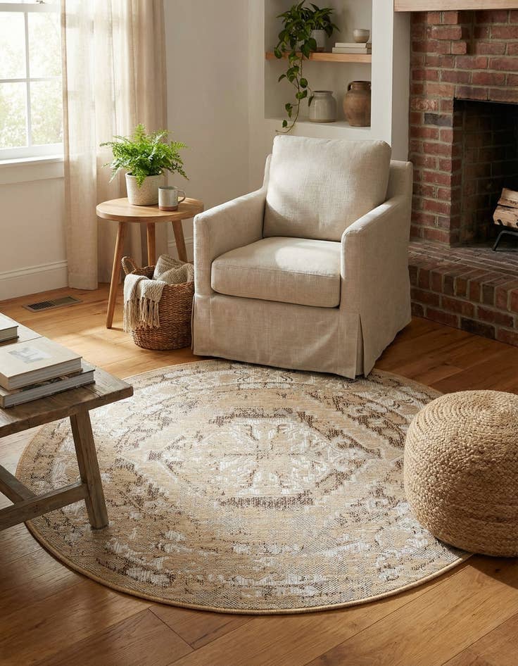 Detail image of 4' x 4'  Washable Traditional Indoor / Outdoor Round Rug