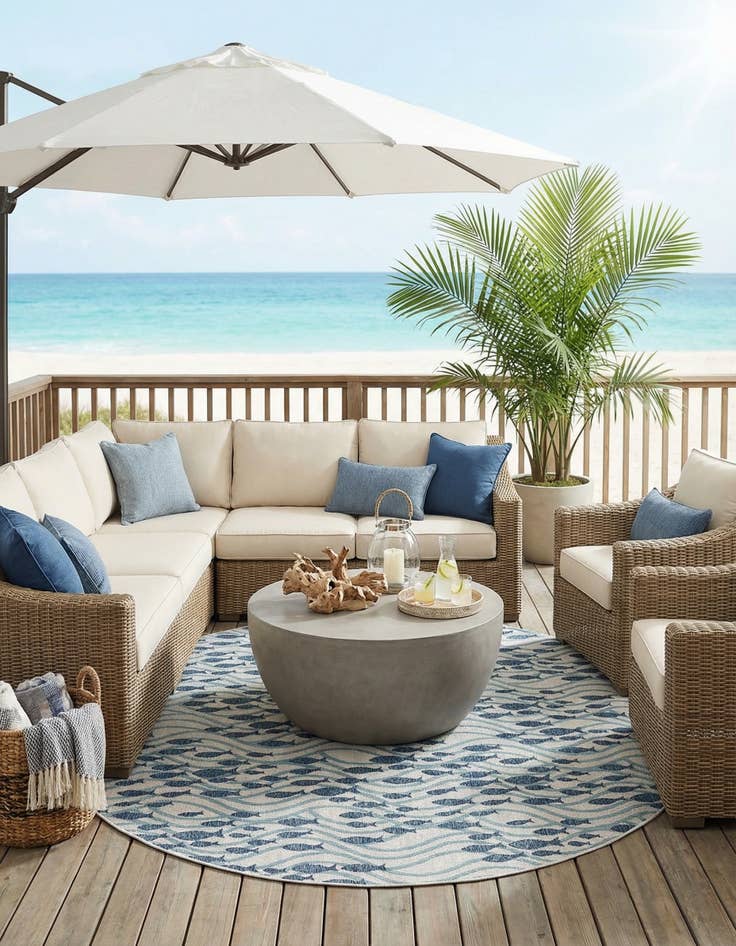 Detail image of 13' x 13'  Washable Coastal Indoor / Outdoor Round Rug