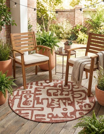 Rust Red Easy-Clean Modern Indoor / Outdoor Round Rug