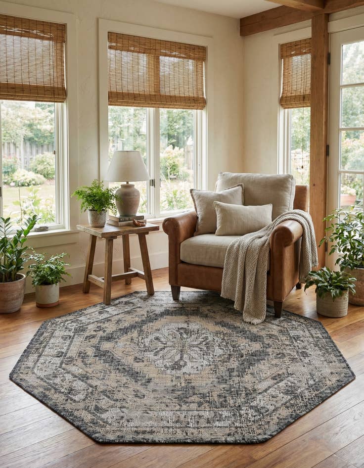 Detail image of 5' 3 x 5' 3  Washable Traditional Indoor / Outdoor Octagon Rug
