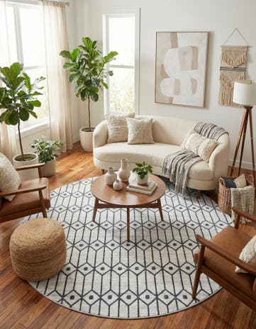 White Lattice Trellis Round Rug