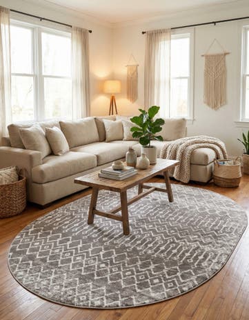 Stone Gray Bohemian Trellis Oval Rug