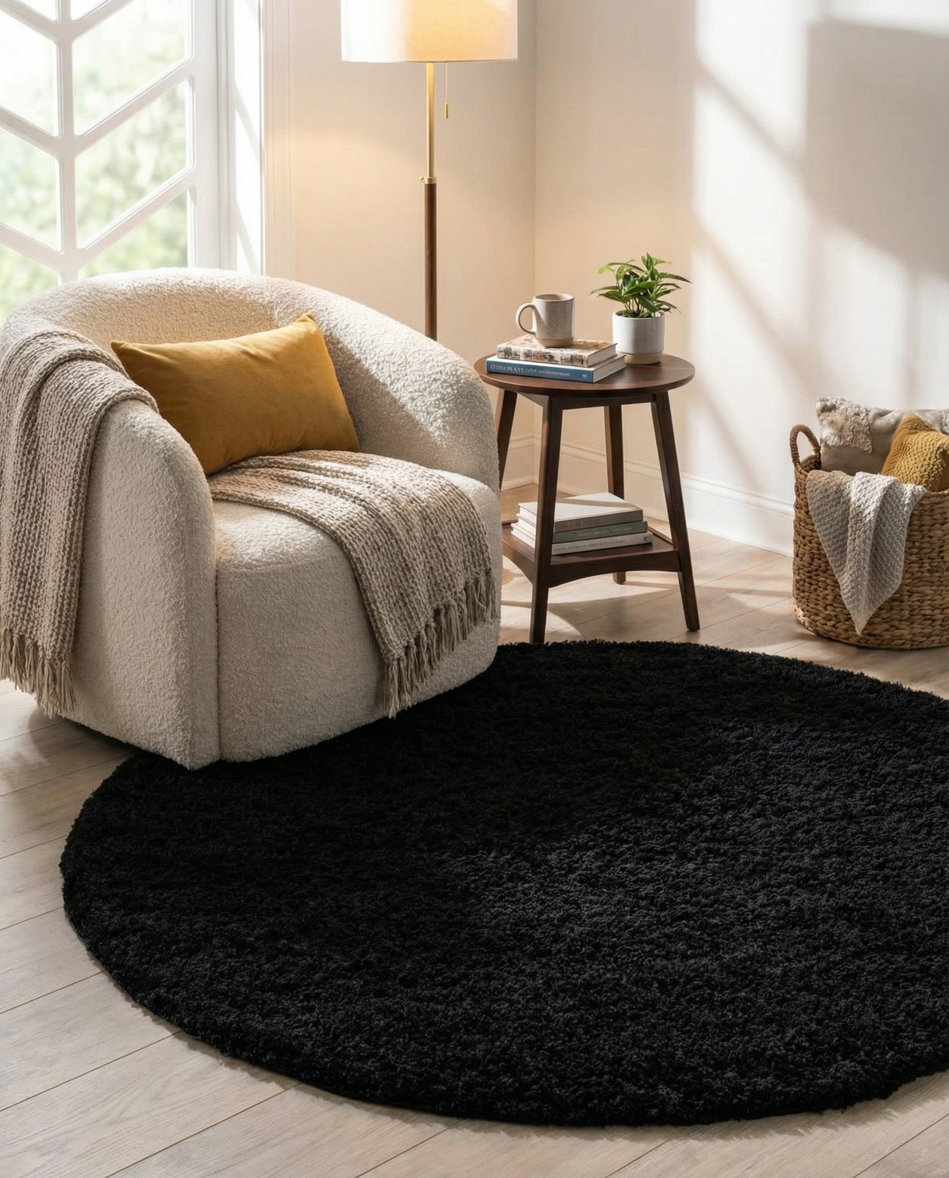A soft, plush black round shag rug, 3' 0 x 3' 0, ideal for adding modern comfort to any indoor space.
