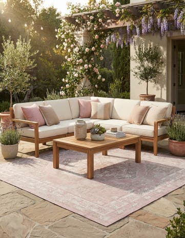 Pink Easy-Clean Traditional Indoor / Outdoor Square Rug