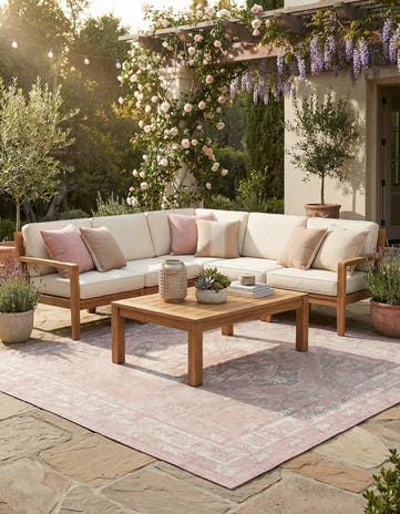 Pink Easy-Clean Traditional Indoor / Outdoor Square Rug