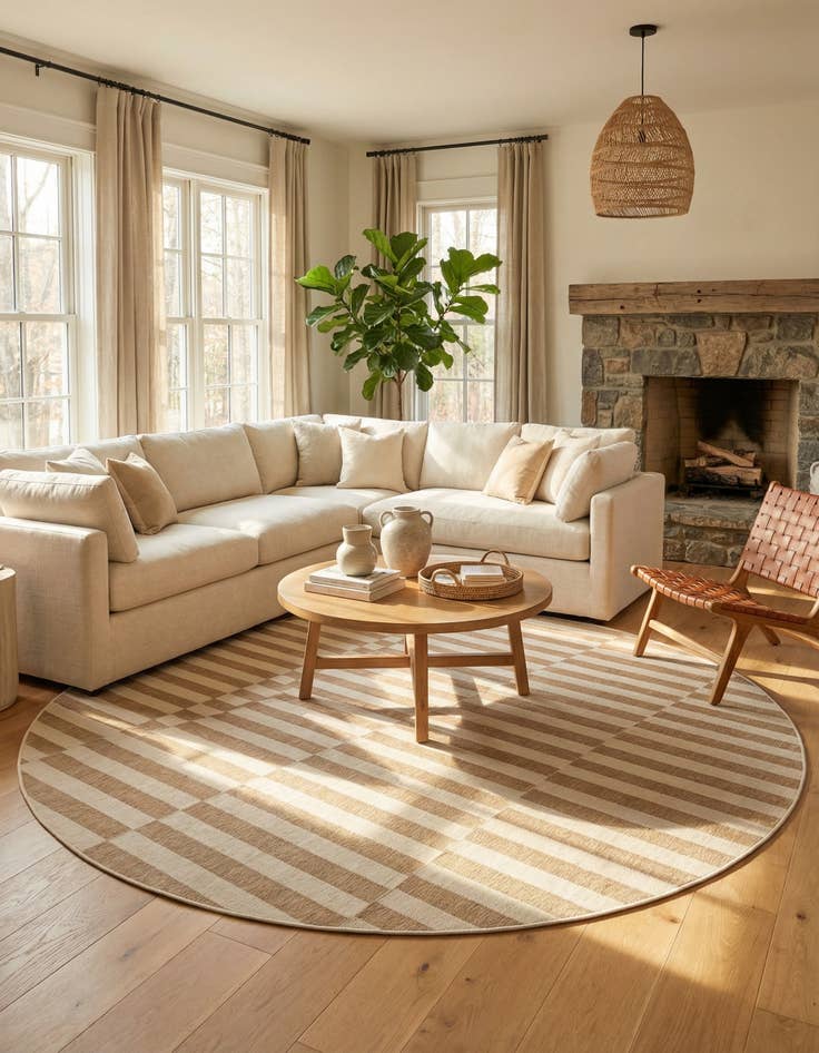 Detail image of 12' x 12'  Washable Striped Indoor / Outdoor Round Rug