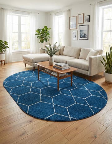 Navy Blue Lattice Frieze Oval Rug