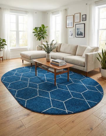 Navy Blue Lattice Frieze Oval Rug