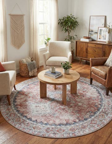 Red and Navy Blue Washable Yara Round Rug