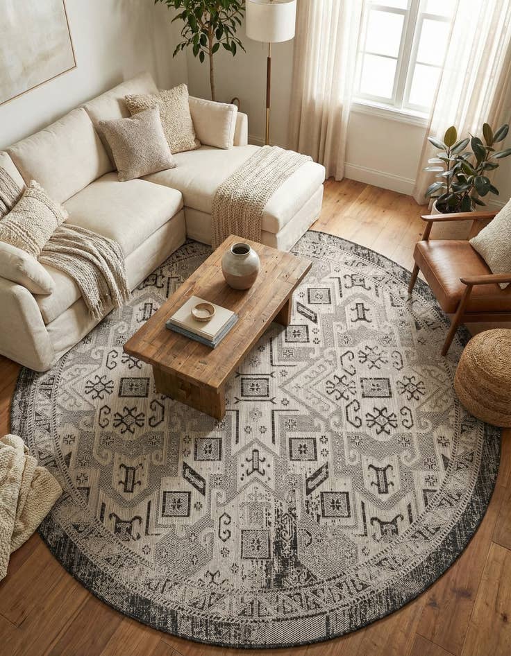 Detail image of 7' 10 x 7' 10  Washable Aztec Indoor / Outdoor Round Rug