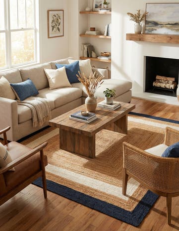 Navy Blue White Natural Handmade Braided Jute Square Rug