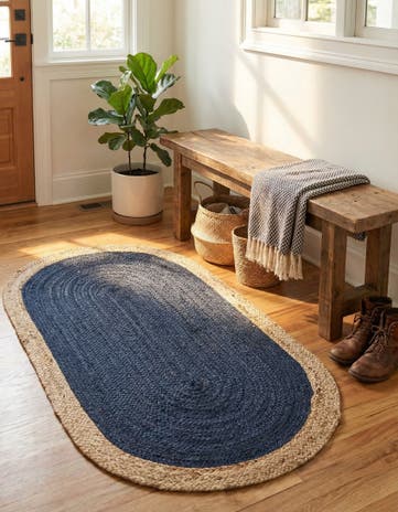 Navy Blue Handmade Braided Jute Oval Rug