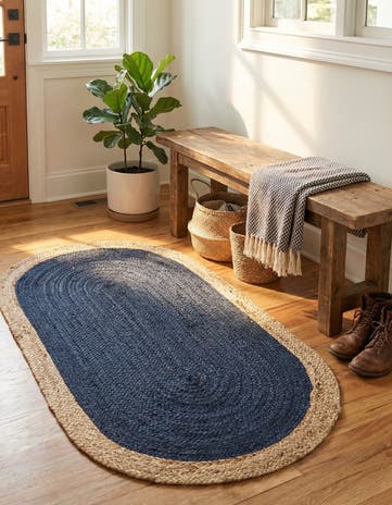 Navy Blue Handmade Braided Jute Oval Rug