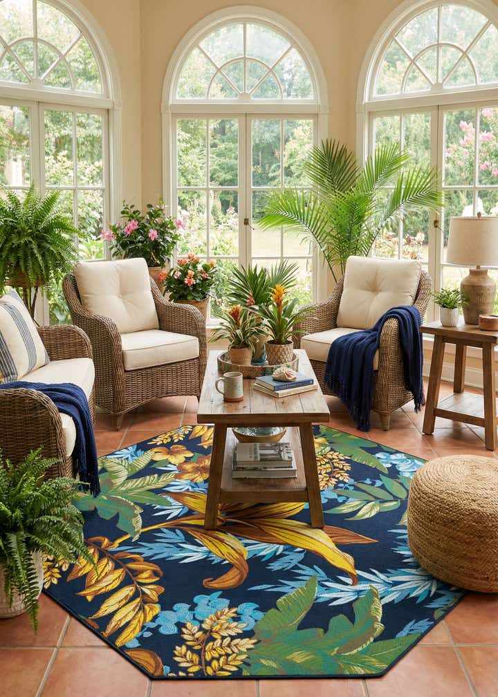 7' 10 x 7' 10 Easy-Clean Botanical Indoor / Outdoor Octagon Rug