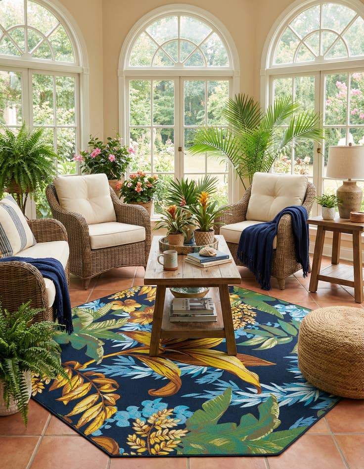 Detail image of 7' 10 x 7' 10 Easy-Clean Botanical Indoor / Outdoor Octagon Rug