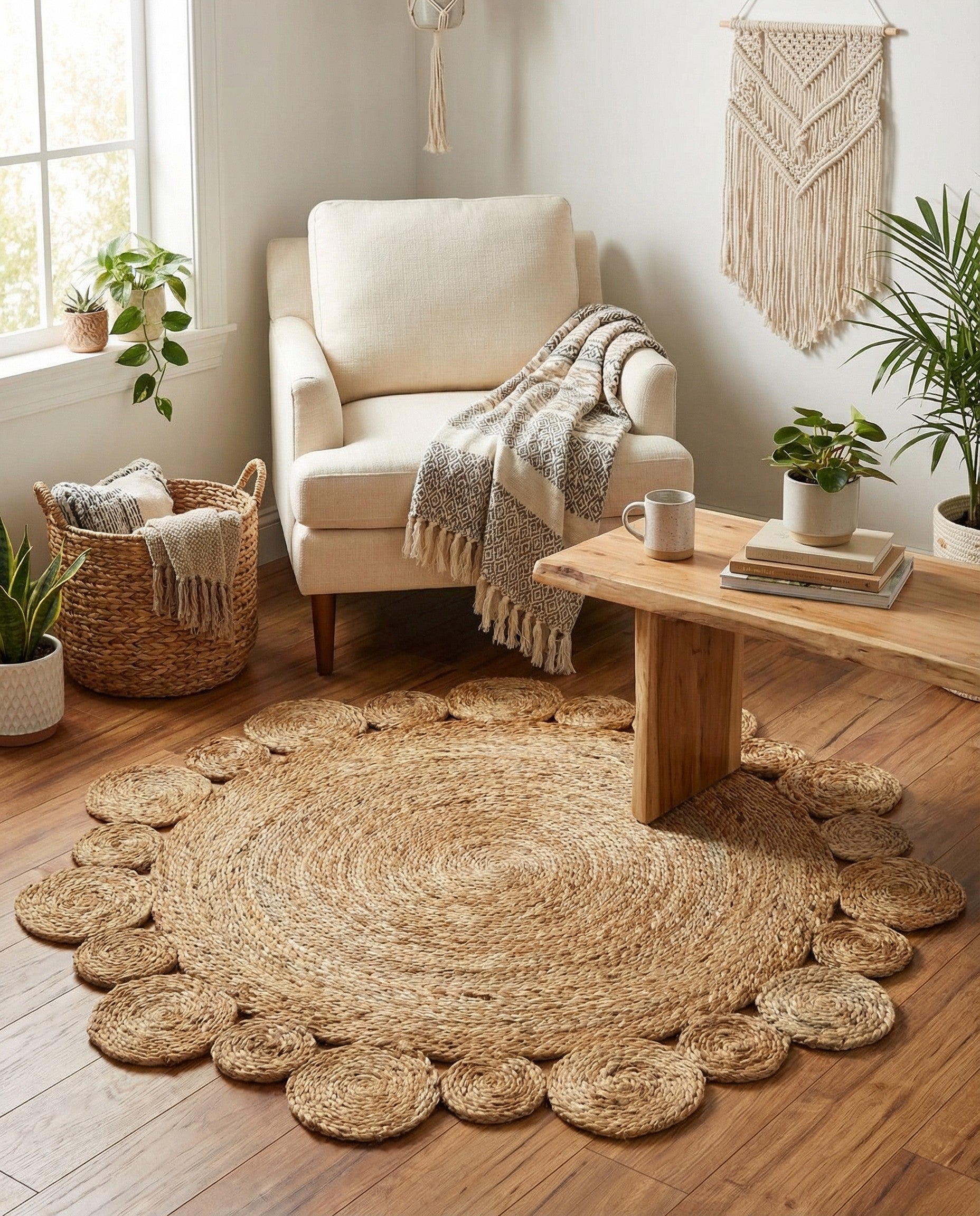 A 3' 1 x 3' 1 round natural jute rug with a central braided spiral and a unique scalloped edge made of smaller braided circles.