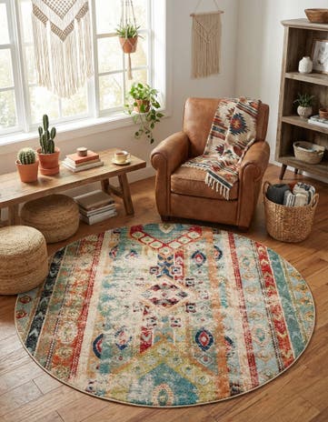 Blue Washable Santa Fe Round Rug