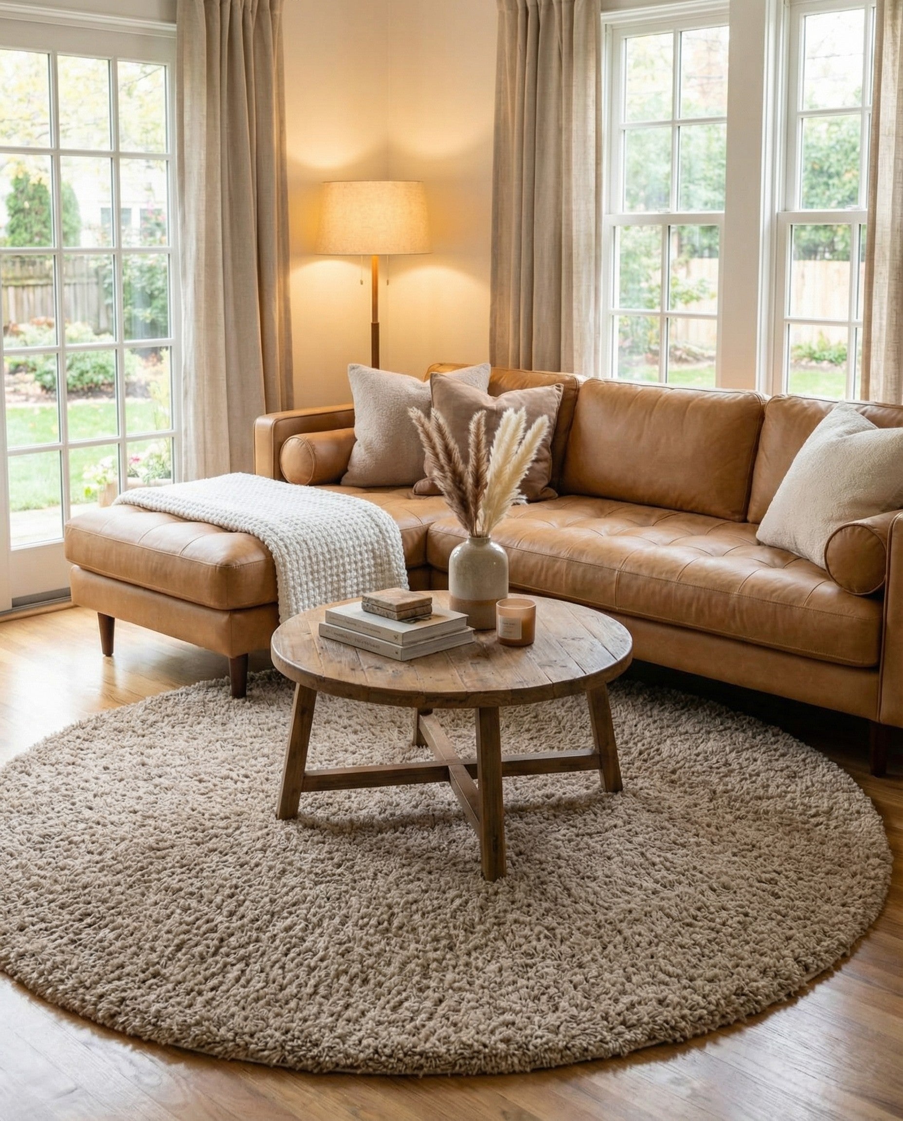 A 6' 0 x 6' 0 round shag rug in a blend of brown and tan tones, showcasing its soft, textured pile.