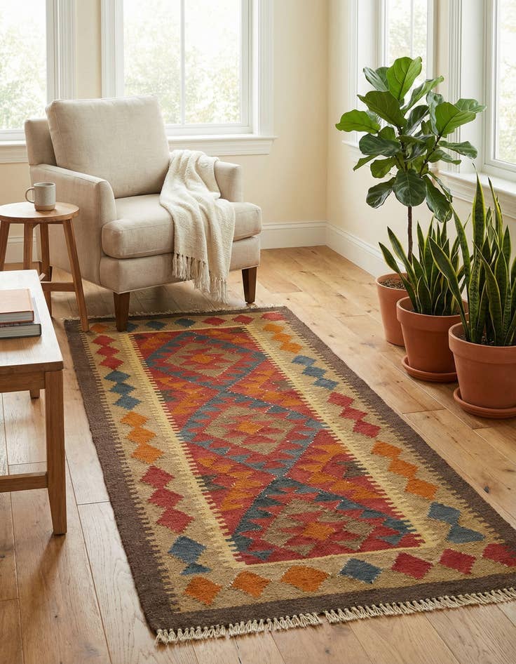 Detail image of 3' 2 x 6'  Hand Woven Kilim Maymana Wool Rug