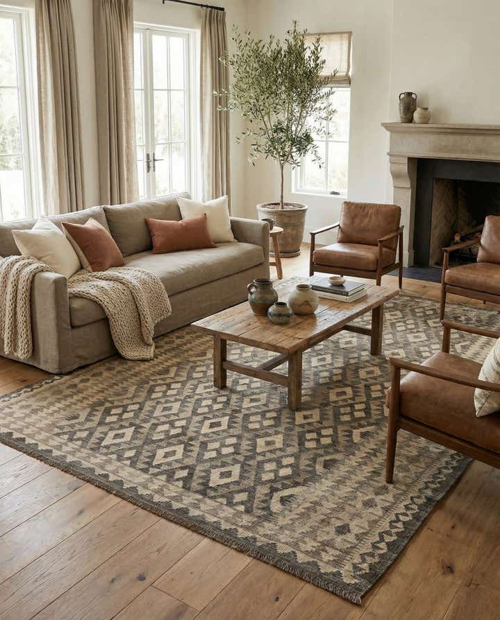 6' 11 x 9' 7 Hand Woven Kilim Maymana Wool Rug