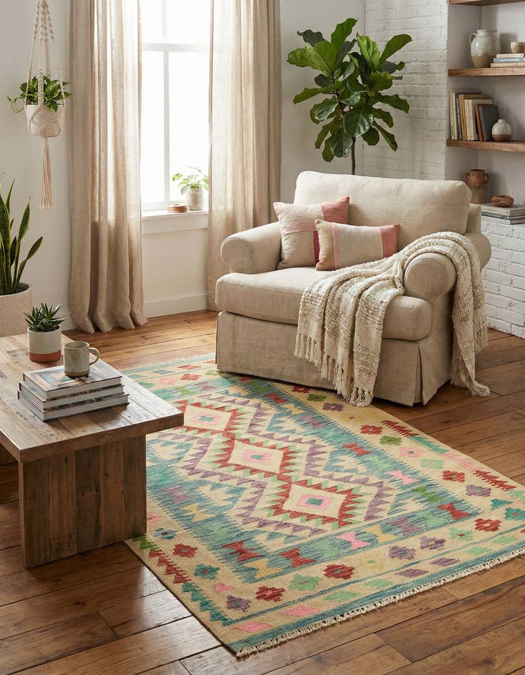 Detail image of 3' 5 x 4' 10  Hand Woven Kilim Maymana Wool Rug