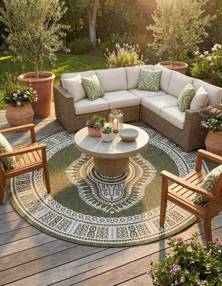 Detail image of  13' x 13'  Washable Traditional Indoor / Outdoor Round Rug