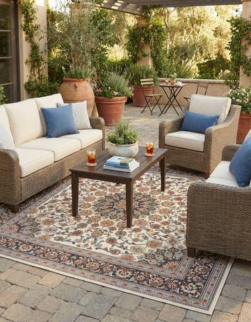 Ivory Easy-Clean Traditional Indoor / Outdoor Square Rug