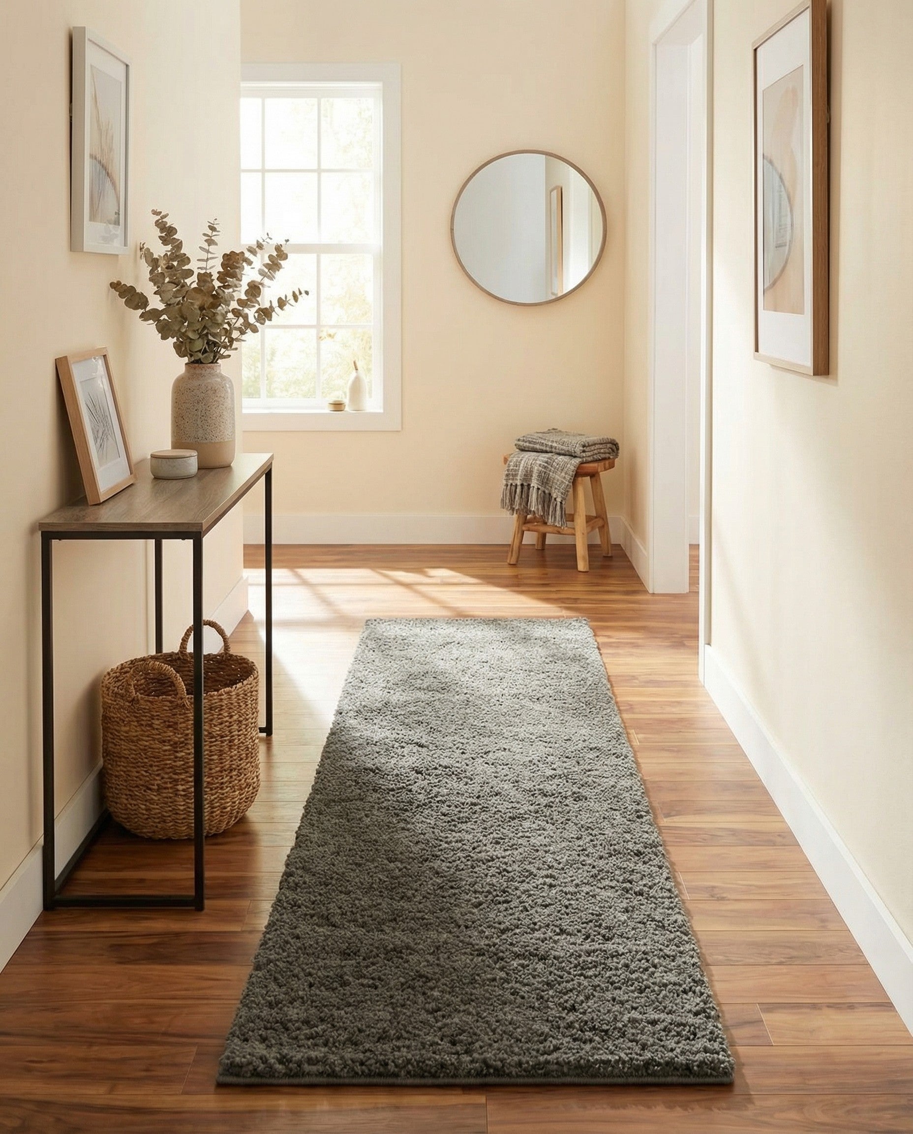 A soft gray shag runner rug with a textured pile, perfect for adding comfort to a hallway.