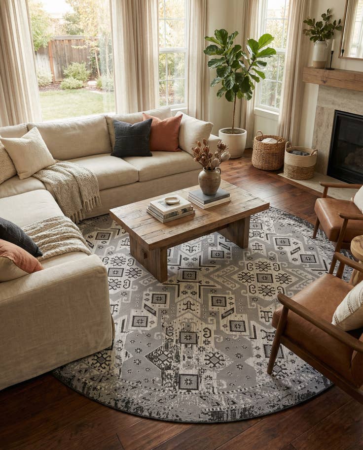 Detail image of 12' x 12' Easy-Clean Aztec Indoor / Outdoor Round Rug