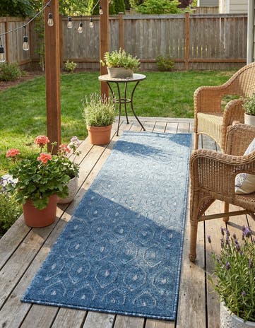 Navy Blue Easy-Clean Trellis Textured Indoor / Outdoor Runner Rug