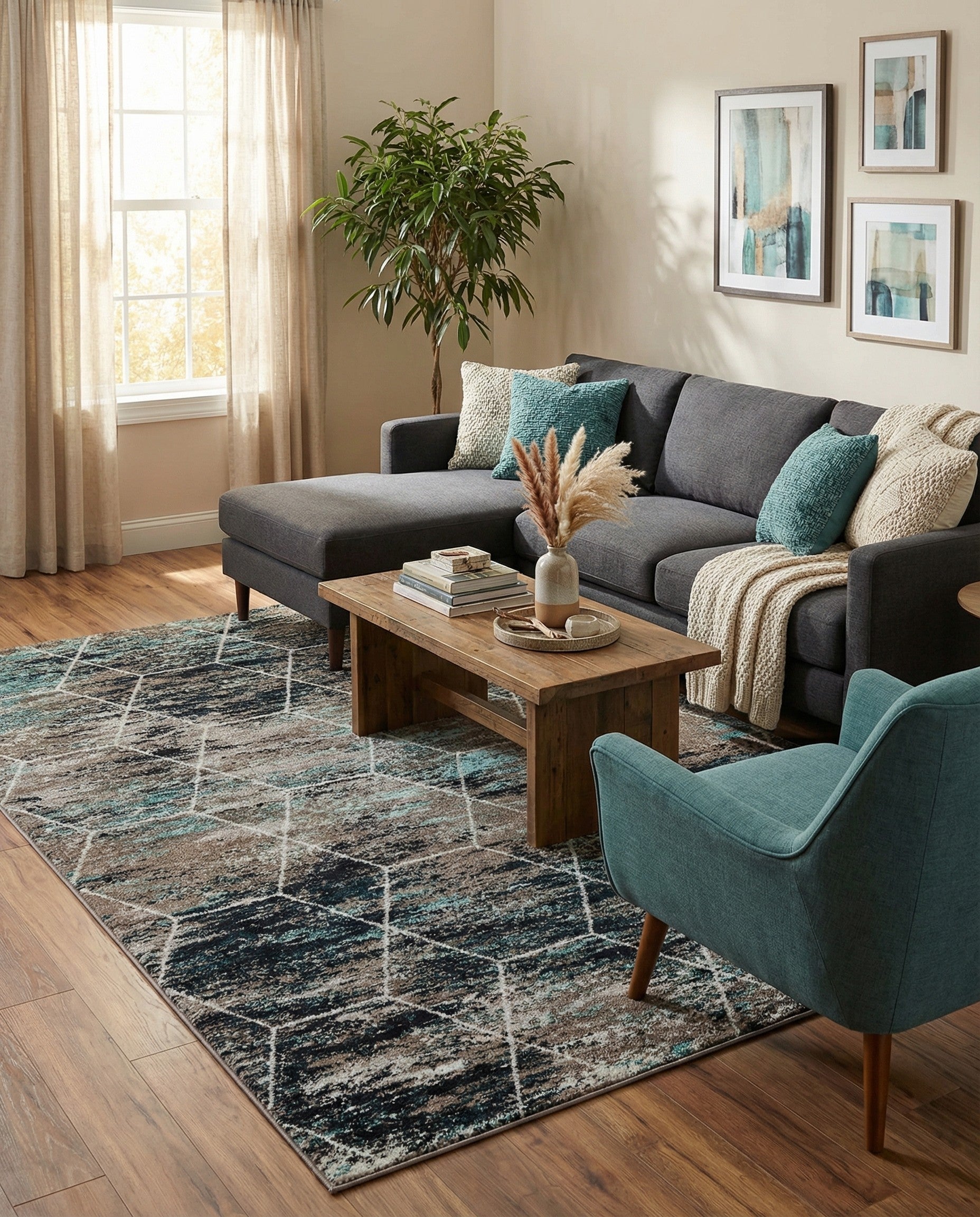 A 6x9 rectangular modern area rug featuring a distressed abstract pattern in shades of blue, brown, and black with a white geometric trellis overlay.