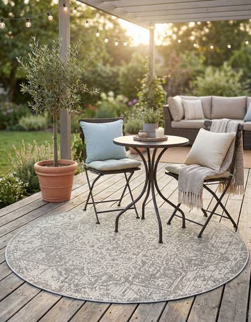 Light Gray Easy-Clean Traditional Indoor / Outdoor Round Rug
