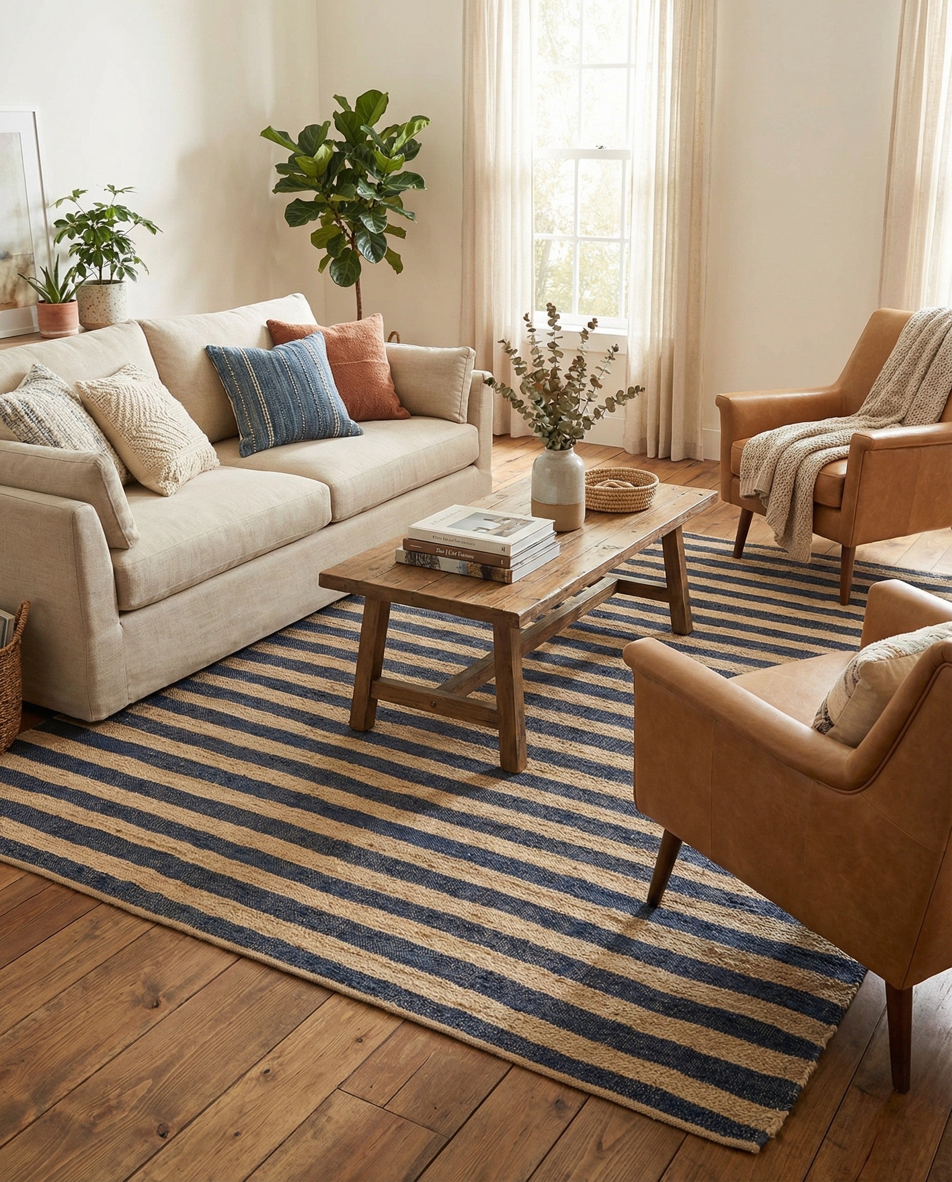 A 10x14 rectangular Rugs.com Braided Jute rug with alternating horizontal stripes of natural jute and dark blue.