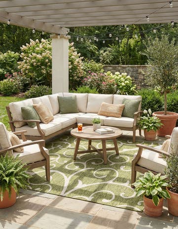 Green Easy-Clean Botanical Indoor / Outdoor Square Rug