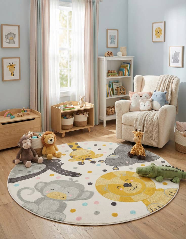 Detail image of 7' 10 x 7' 10 Animals Whimsy Kids Round Rug