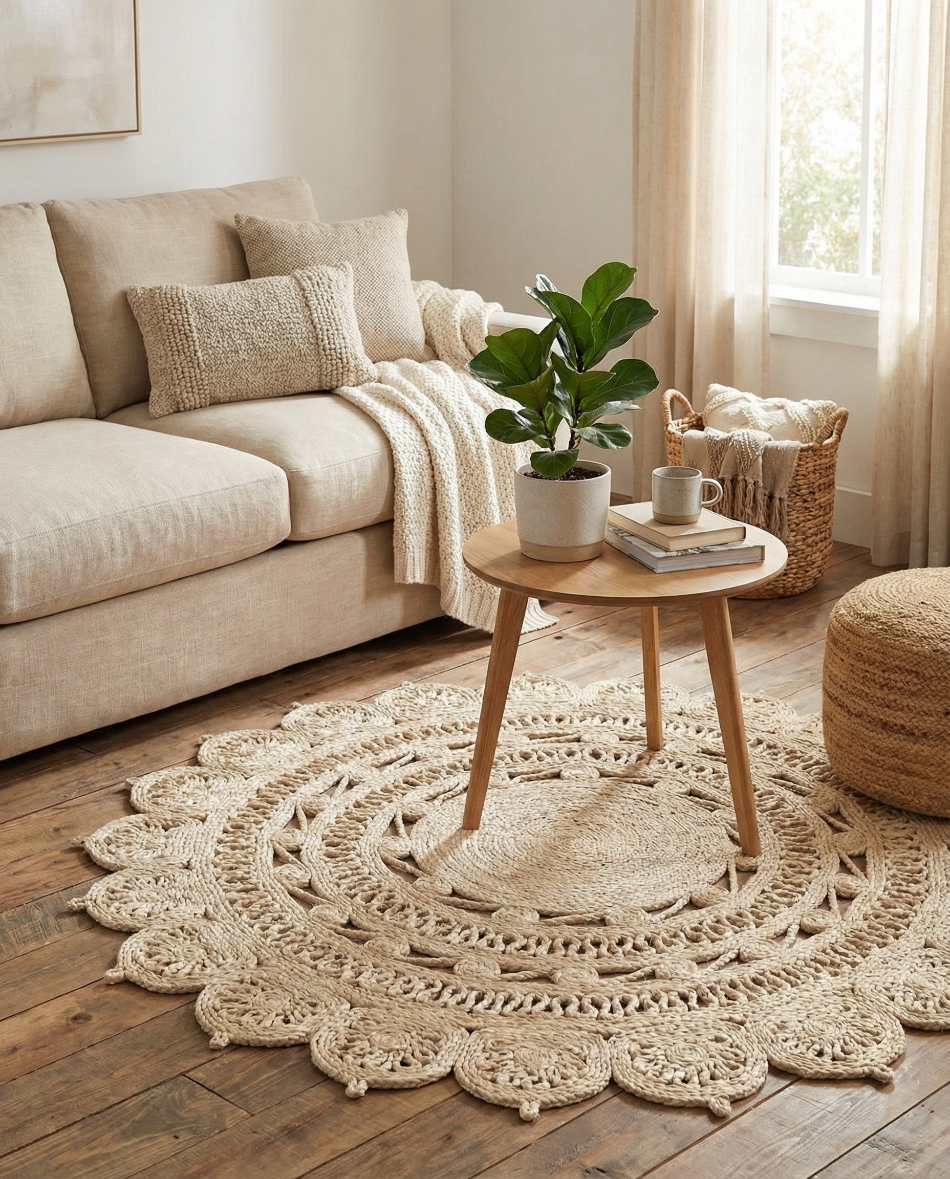  4' 1 x 4' 1  Hand Braided Jute Round Rug