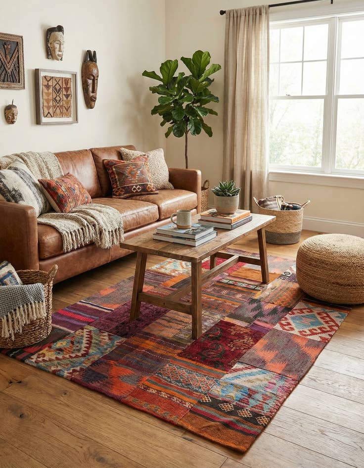 Detail image of  3' 10 x 5' 10  Hand Woven Kilim Patchwork Wool Rug