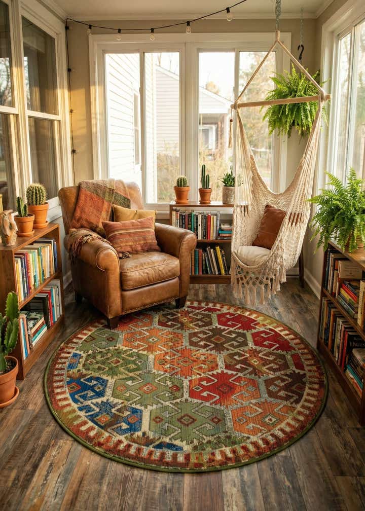 4' x 4' Easy-Clean Southwestern Indoor / Outdoor Round Rug