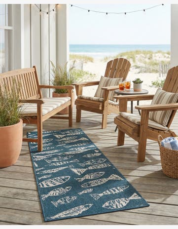 Blue Easy-Clean Coastal Indoor / Outdoor Runner Rug