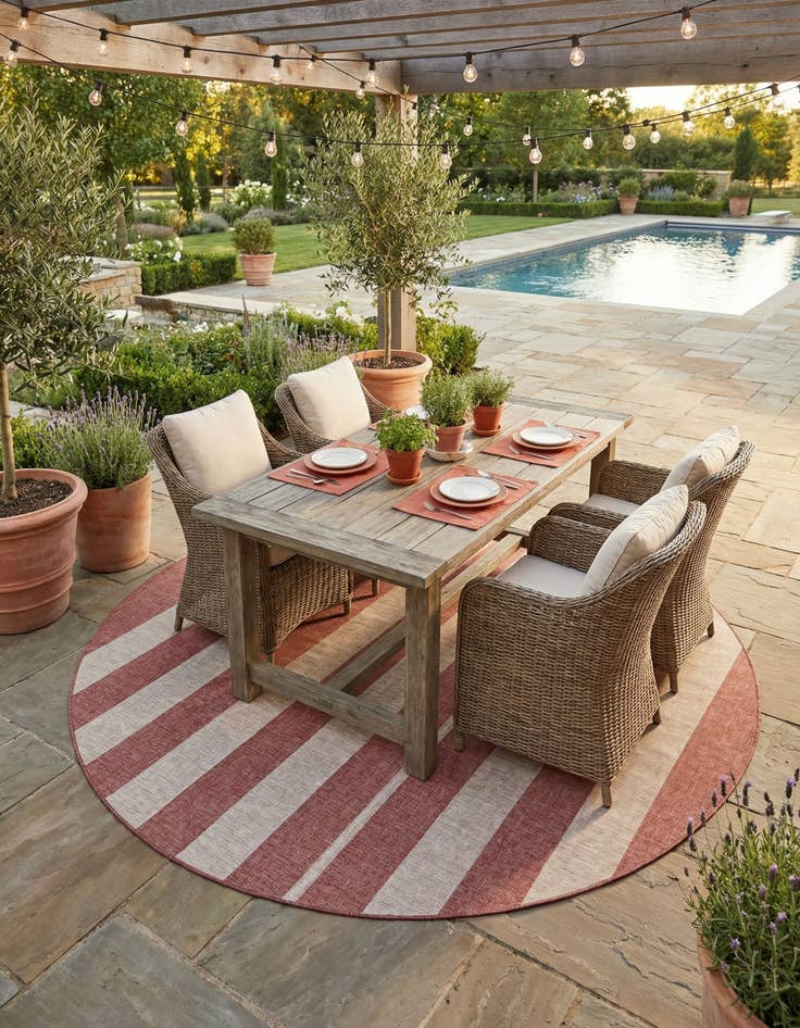 Detail image of 12' x 12'  Washable Striped Indoor / Outdoor Round Rug