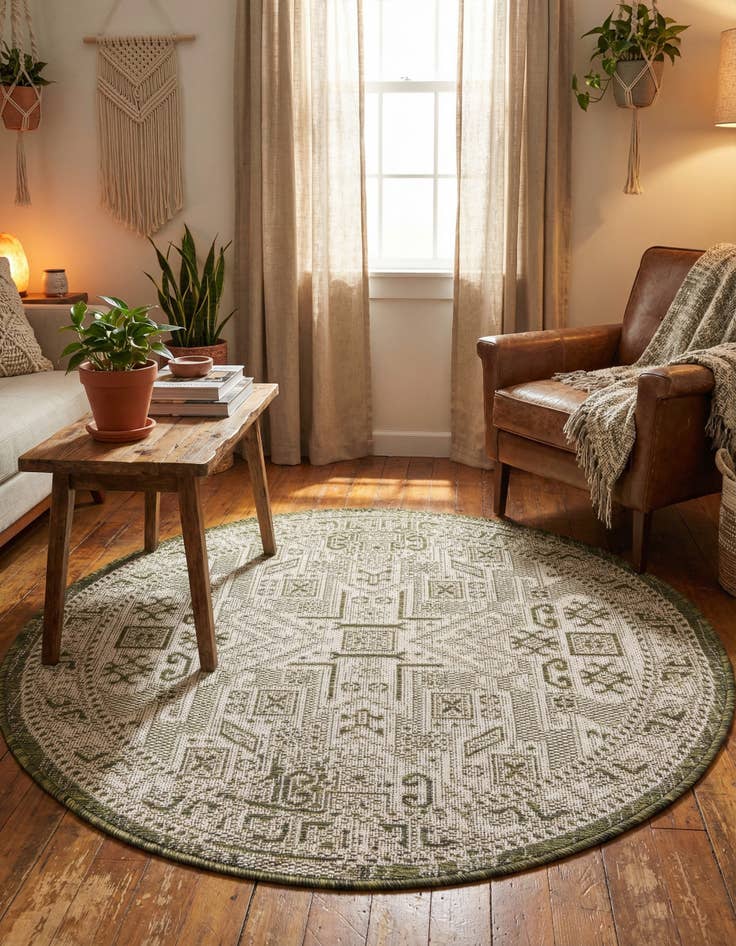 Detail image of 3' x 3'  Washable Aztec Indoor / Outdoor Round Rug