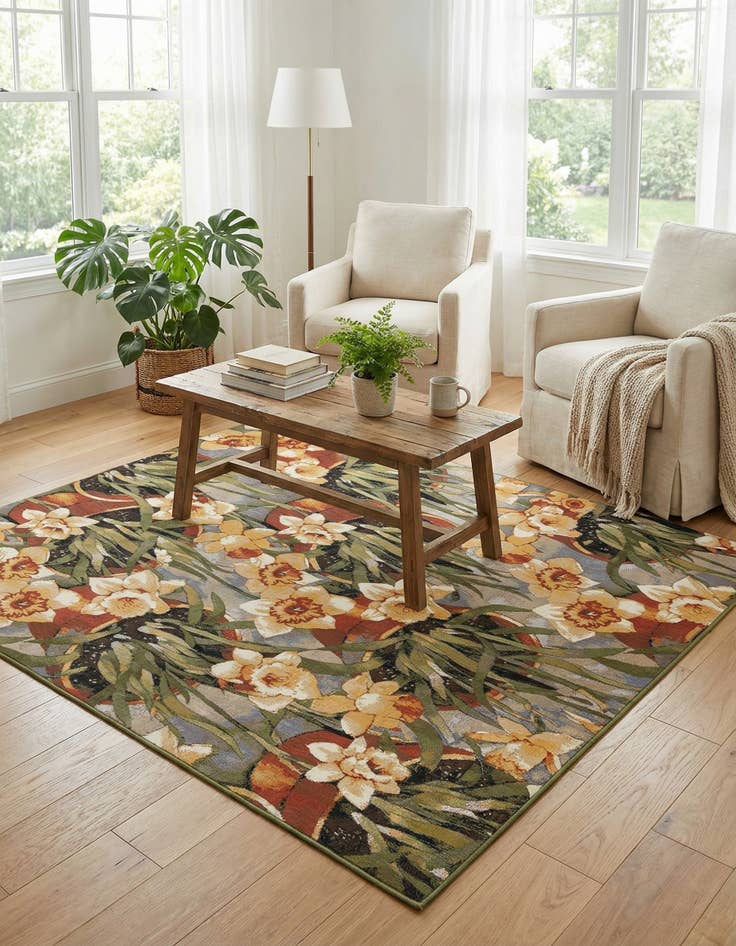 Detail image of 7' 10 x 7' 10  Washable Botanical Indoor / Outdoor Square Rug