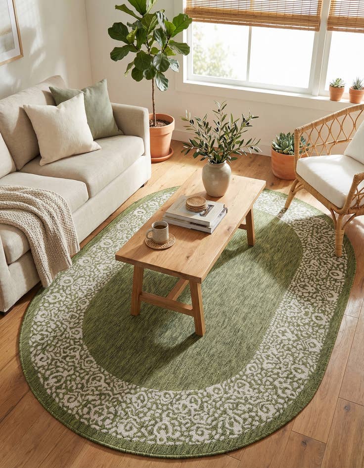Detail image of 5' 3 x 8' Easy-Clean Border Indoor / Outdoor Oval Rug